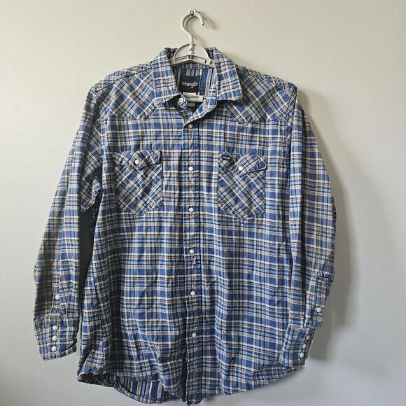 Wrangler Other - Wrangler Brushpopper Shirt Men's Size XLT Long‎ Tail Plaid Snaps Blue Vintage